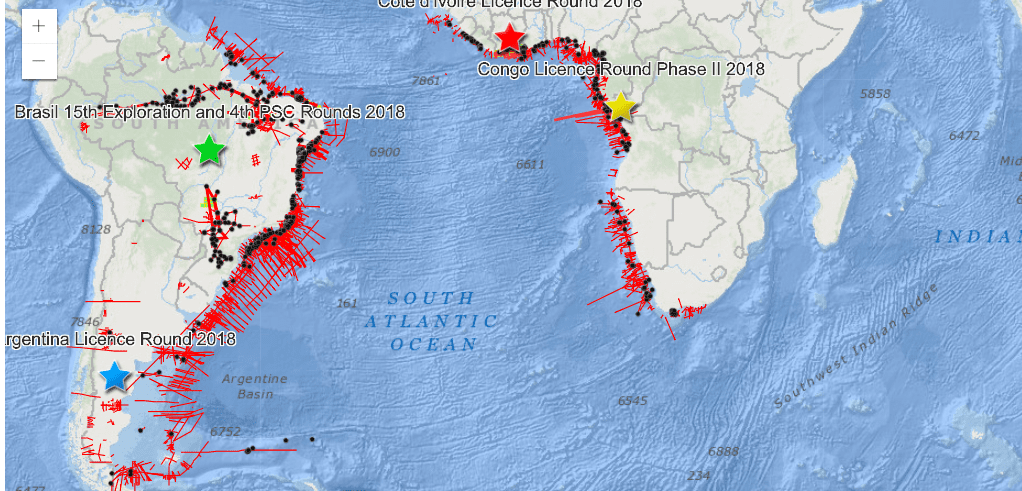 Mapa dos leilões de petróleo no Atlântico Sul