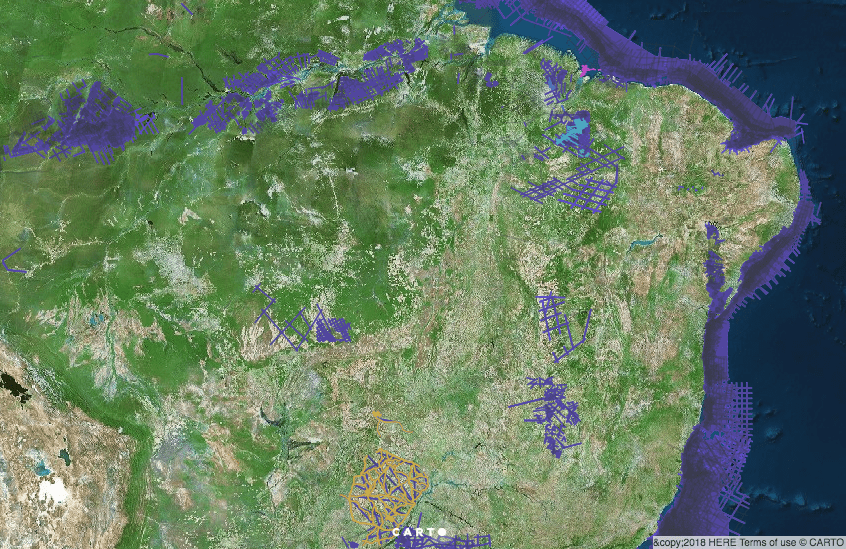 Mapa da sísmica pública 2D no Brasil