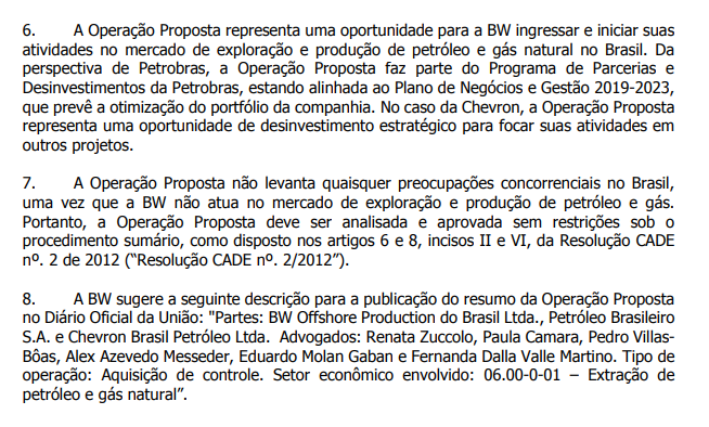 Extrato de documentos enviados ao Cade para análise da compra de Maromba pela BW Offshore