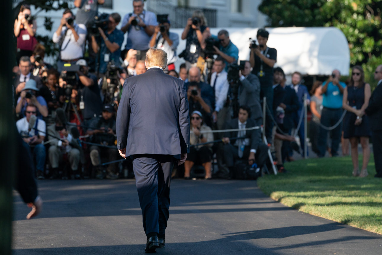 President Donald J. Trump walks from the Oval Office to talk to members of the press on the South Lawn of the White House Friday, Aug. 30, 2019, prior to boarding Marine One to begin his trip to Camp David near Thurmont, Md. (Official White House Photo by Joyce N. Boghosian)

