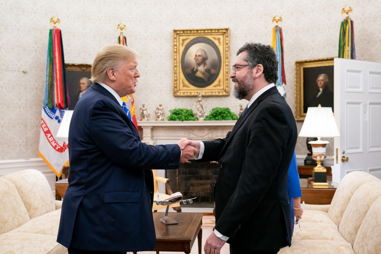 President Donald J. Trump, joined by Secretary of State Mike Pompeo, meets with Brazil’s Minister of Foreign Affairs Ernesto Henrique Araujo; Brazil Congressman and Foreign Affairs Committee President Eduardo Nantes Bolsonaro and Brazil International Affairs Advisor Filipe Martins on Friday, Aug. 30, 2019, in the Oval Office of the White House. (Official White House Photo by Joyce N. Boghosian)