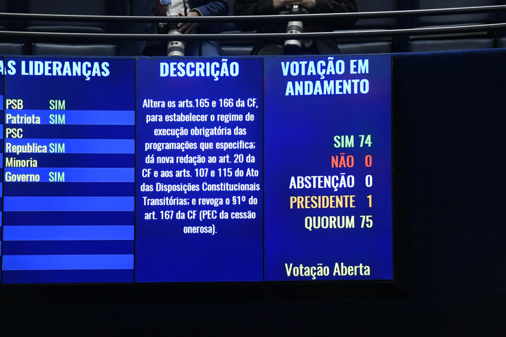 Plenário do Senado Federal durante sessão deliberativa ordinária. rrO Plenário aprova, em segundo turno, a Proposta de Emenda à Constituição 98/2019, que divide os recursos federais do pré-sal com estados e municípios. A matéria retorna para a Câmara dos Deputados.rrFoto: Roque de Sá/Agência Senado