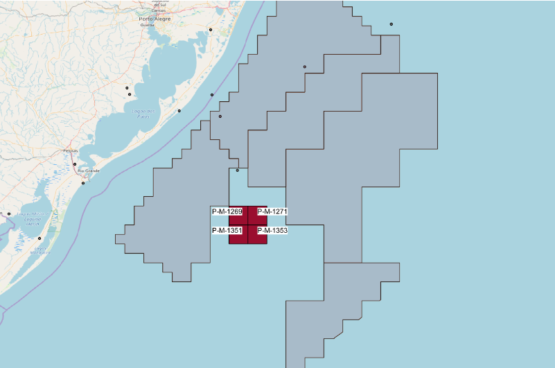 Blocos contratados na Bacia de Pelotas e setores selecionados para a 18ª rodada da ANP, em 2021 (Fonte: ANP)