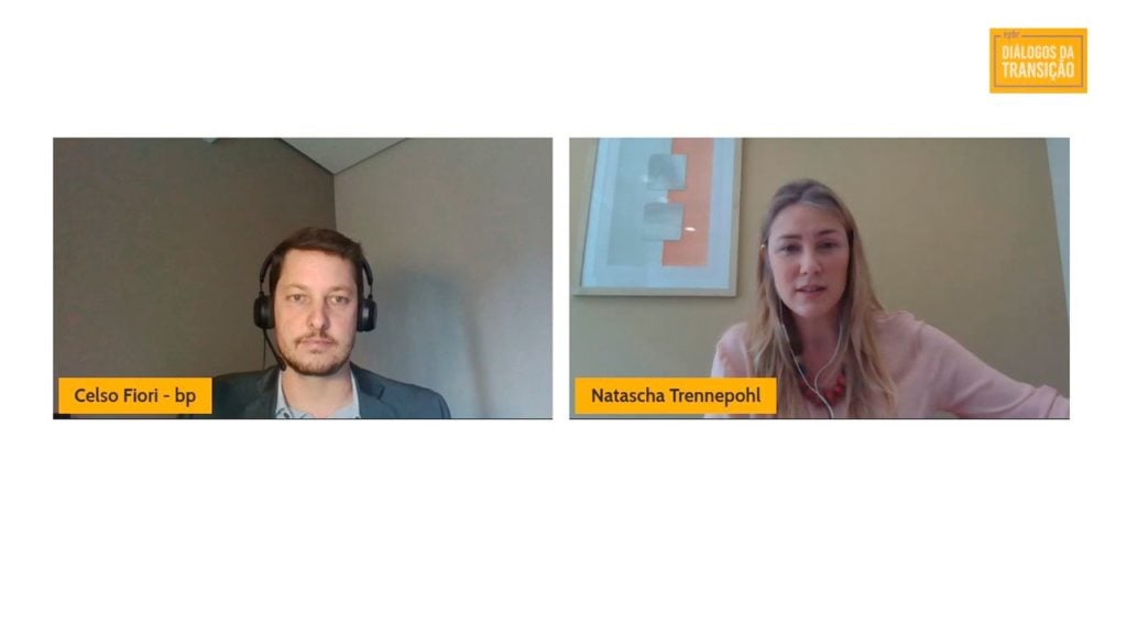 Captura de tela da live "Financiamento da transição demanda mercado de carbono", com Celso Fiori, gerente sênior de Advocacy da bp, e Natascha Trennepohl, advogada e sócia do escritório Trennepohl Advogados