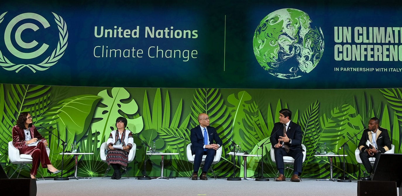 L-R MC, Joan Carling, Indigenous Peoples' Major Group, Darren Walker of the Ford Foundation, Carlos Alvarado Quesada, president of Costa Rica, Patrick Saida Hemedi (DPGA) and Tuntiak Katan, Indigenous Organisations of the Amazon River Basin (COICA), Global Alliance of Territorial Communites (GATC), speaking at the Forest event at the SEC, Glasgow. 02/11/2021. Photograph: Karwai Tang/ UK Government