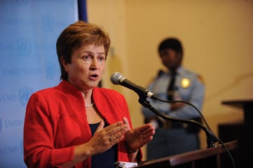 A conta do clima na reunião anual do FMI. Na imagem, Diretora-geral do FMI, Kristalina Georgieva, durante reunião do Fórum Humanitário Sírio, na Assembleia Geral da ONU, em Nova Iorque, nos EUA (Foto: ONU/Divulgação)