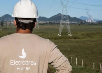 Na imagem: Funcionário de Furnas, subsidiária da Eletrobras, em frente a torres de transmissão de energia elétrica, de costas e com uniforme e capacete (Foto: Divulgação)