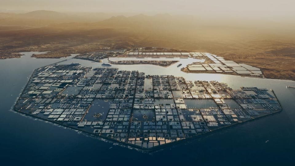 Maior projeto de hidrogênio verde do mundo capta US$ 8,4 bilhões na Arábia Saudita. Na imagem: Modelo 3D do projeto Oxagon, uma cidade flutuante abastecida por energias renováveis na Arábia Saudita (Imagem: Divulgação)