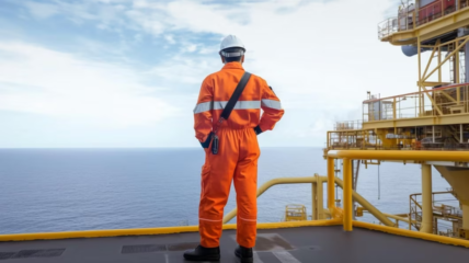 Na imagem: Trabalhador em plataforma de petróleo offshore, com uniforme e equipamentos de proteção individual (Foto: tongpatong/freepik)