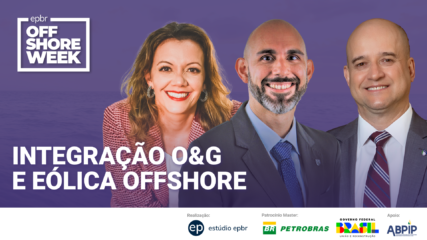 Hidrogênio, amônia e metanol verde são rotas para uso da energia eólica offshore. Na imagem: Banner do painel "Integração O&G e eólica offshore" na offshore week 2023, do estúdio epbr