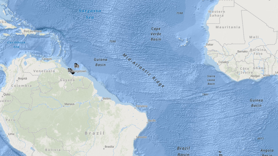 Inspiração para Petrobras na Foz do Amazonas, Guiana prepara leilão e novo marco legal de óleo e gás. Na imagem: Mapa com a localização, marcada em preto, dos blocos de petróleo e gás oferecidos pela Guiana em leilão (Imagem: Divulgação)