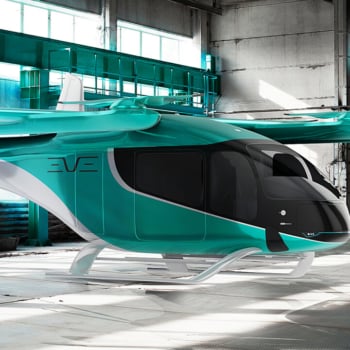 Carro voador da EVE na cor verde, o eVTOL, aeronave elétrica de decolagem e pouso vertical, (Foto Divulgação Eve Air Mobility