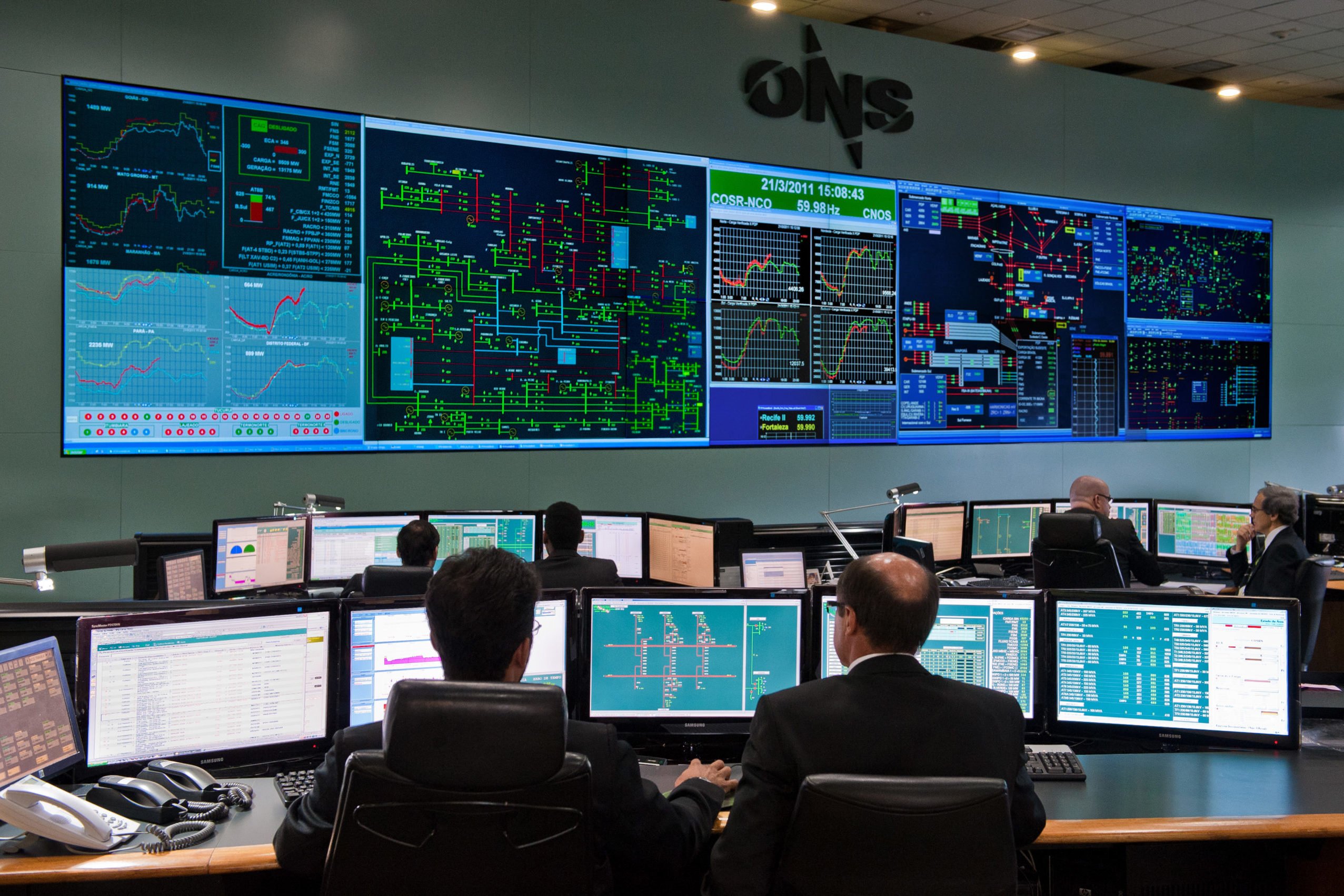 ONS aponta falha no controle de tensão de usinas eólicas e solares como causas do apagão nacional de 15 de agosto. Na imagem: Técnicos assentados diante de fileiras de monitores com gráficos e dados do sistema de energia elétrica, na sala de controle do CNOS (que apura a geração), na sede do ONS em Brasília (Foto: Divulgação)