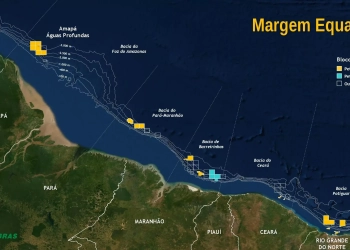 Mapa da Margem Equatorial, com blocos em águas profundas distribuídos em bacias entre o Amapá e o Rio Grande do Norte (Fonte Petrobras)