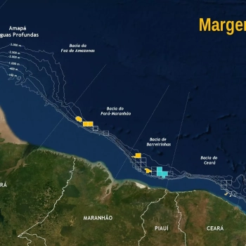 Mapa da Margem Equatorial, com blocos em águas profundas distribuídos em bacias entre o Amapá e o Rio Grande do Norte (Fonte Petrobras)