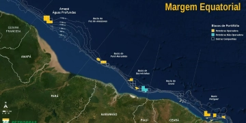 Mapa da Margem Equatorial, com blocos em águas profundas distribuídos em bacias entre o Amapá e o Rio Grande do Norte (Fonte Petrobras)