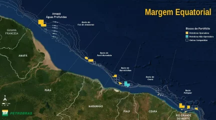 Mapa da Margem Equatorial, com blocos em águas profundas distribuídos em bacias entre o Amapá e o Rio Grande do Norte (Fonte Petrobras)