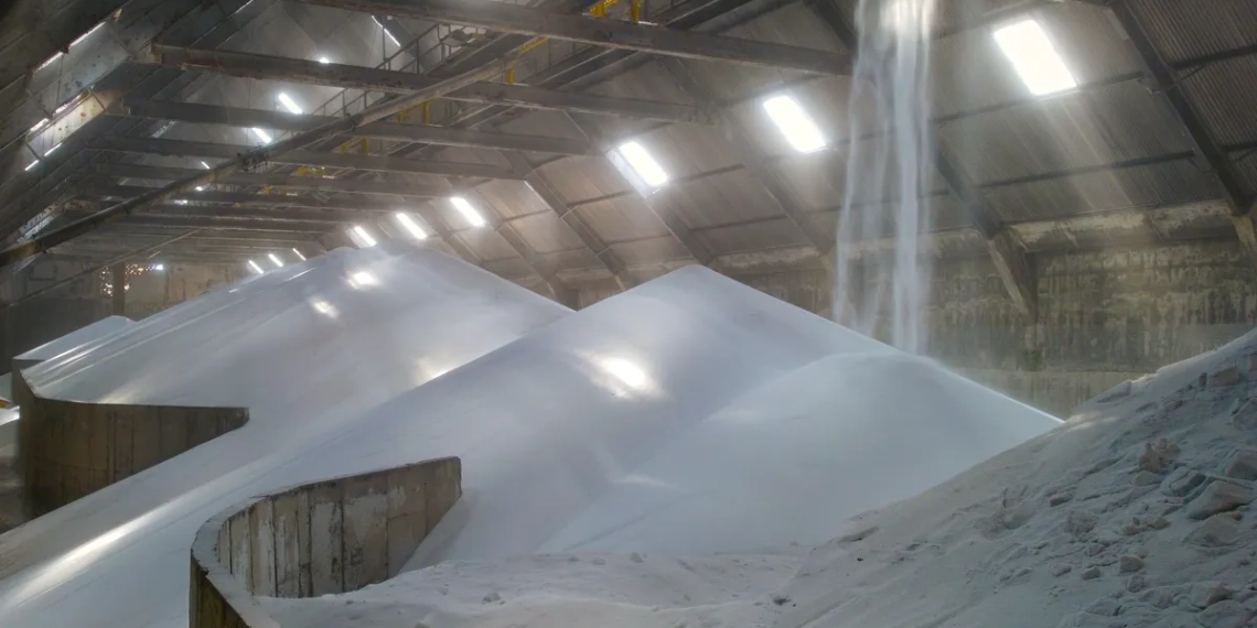 Quanto deveria ser o preço do gás natural para o setor de fertilizantes, segundo a Empresa de Pesquisa Energética (EPE). Na imagem: Grande volume de ureia em galpão de armazenamento da fábrica de fertilizantes da Bahia (Foto: Divulgação Unigel Agro Bahia)