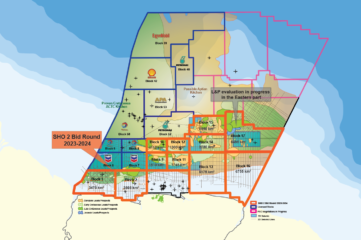 Suriname abre rodada para oferta de 11 blocos de óleo e gás em águas rasas. Na imagem: Mapa da exploração offshore de óleo e gás do Suriname