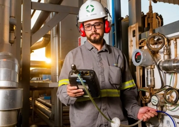 Funcionário da Orizon faz medição em planta de biometano (Foto: Divulgação)