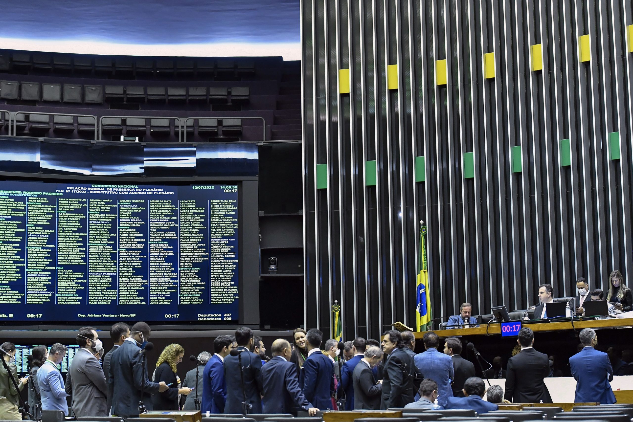 Cinco pautas do setor de energia que ainda vão movimentar o Congresso em 2024. Na imagem: Rodrigo Pacheco e Alexandre Silveira na mesa diretora do plenário da Câmara durante sessão conjunta do Congresso, em 12/7/2022 (Foto: Waldemir Barreto/Agência Senado)