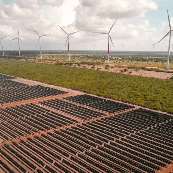 Fontes de baixa emissão de carbono, como solar, eólica, hidrelétrica e nuclear, devem suprir nova demanda global por eletricidade até 2026. Na imagem: Vista de usina híbrida eólica e solar fotovoltaica, com inúmeras fileiras de módulos fotovoltaicos, em primeiro plano, e aerogeradores, ao fundo, à direita (Foto: Divulgação Voltalia)