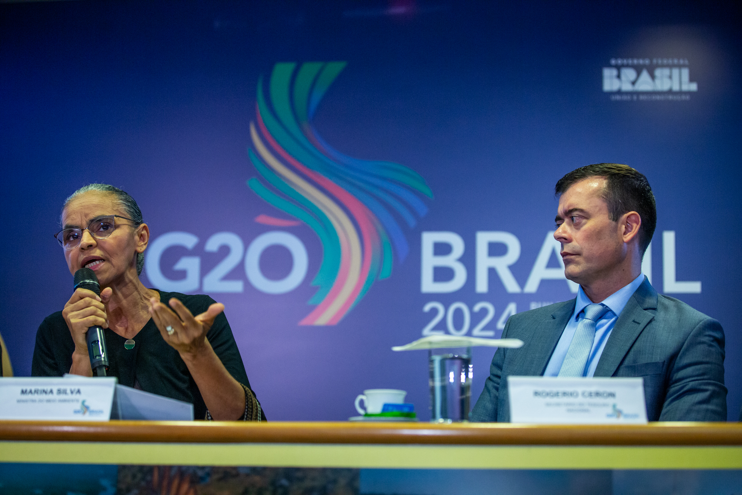 Programa de proteção cambial Eco Invest Brasil tenta atrair capital privado estrangeiro para investimentos verdes no país. Na imagem: Ministra Marina Silva (MMA) e secretário do Tesouro Nacional, Rogério Ceron, durante apresentação do Eco Invest Brasil (Foto: Diogo Zacarias/MF)