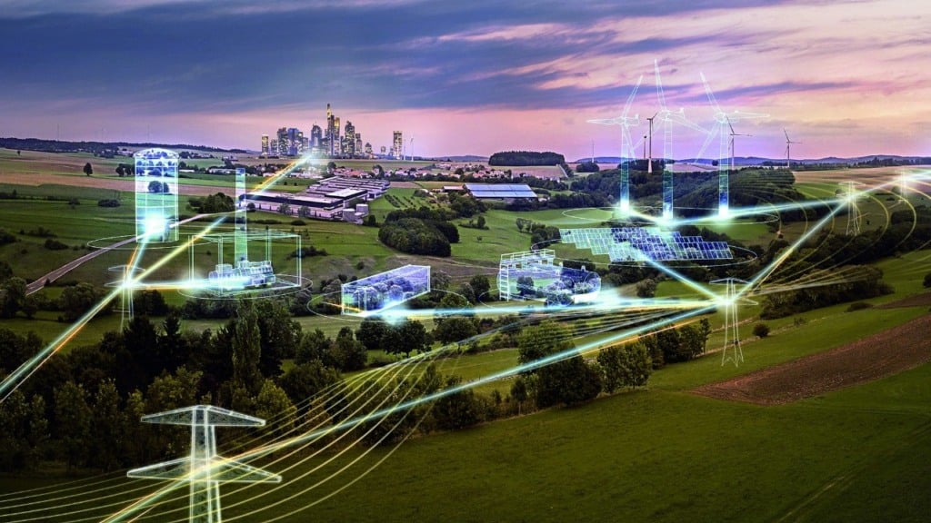 Na imagem: Ilustração de rede de tecnologia interligando fontes renováveis, linhas de transmissão e centro urbano iluminado