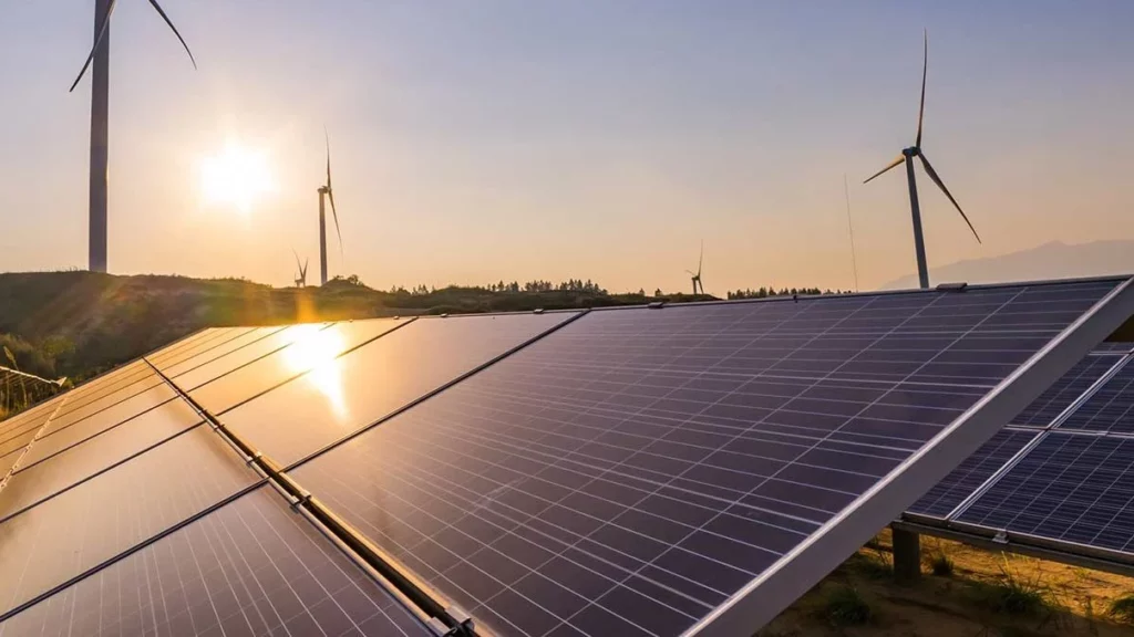 Brasil precisa de US$ 1,3 trilhões em investimentos em energias renováveis para net zero 2050. Na imagem: Painéis solares e torres eólicas (Foto Divulgação Hydro)