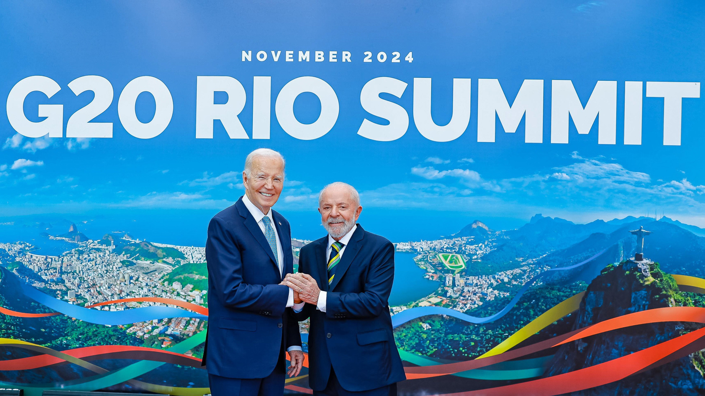 Parceria Brasil-EUA quer mobilizar US$ 10 bi para bioeconomia na Amazônia. Na imagem: Presidente Lula recebe o presidente dos Estados Unidos, Joe Biden, durante cumprimentos aos líderes do G20 no Rio, em 18/11/2024 (Foto Ricardo Stuckert/PR)