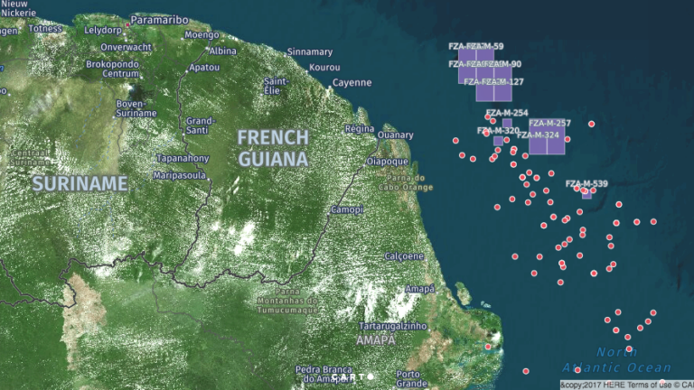 Bacia da Foz do Amazonas tem 10 bilhões de barris recuperáveis, calcula EPE. Na imagem: Mapa de poços de óleo e gás na Foz do Amazonas, na Margem Equatorial