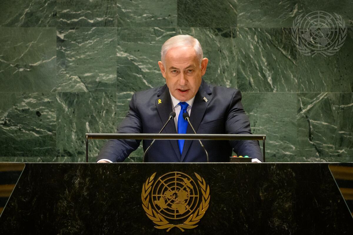 Benjamin Netanyahu, primeiro ministro de Israel, discursa no plenário da 79ª Assembleia Geral da ONU, em Nova York (EUA), em 27/9/2024 (Foto Loey Felipe/UN Photo)