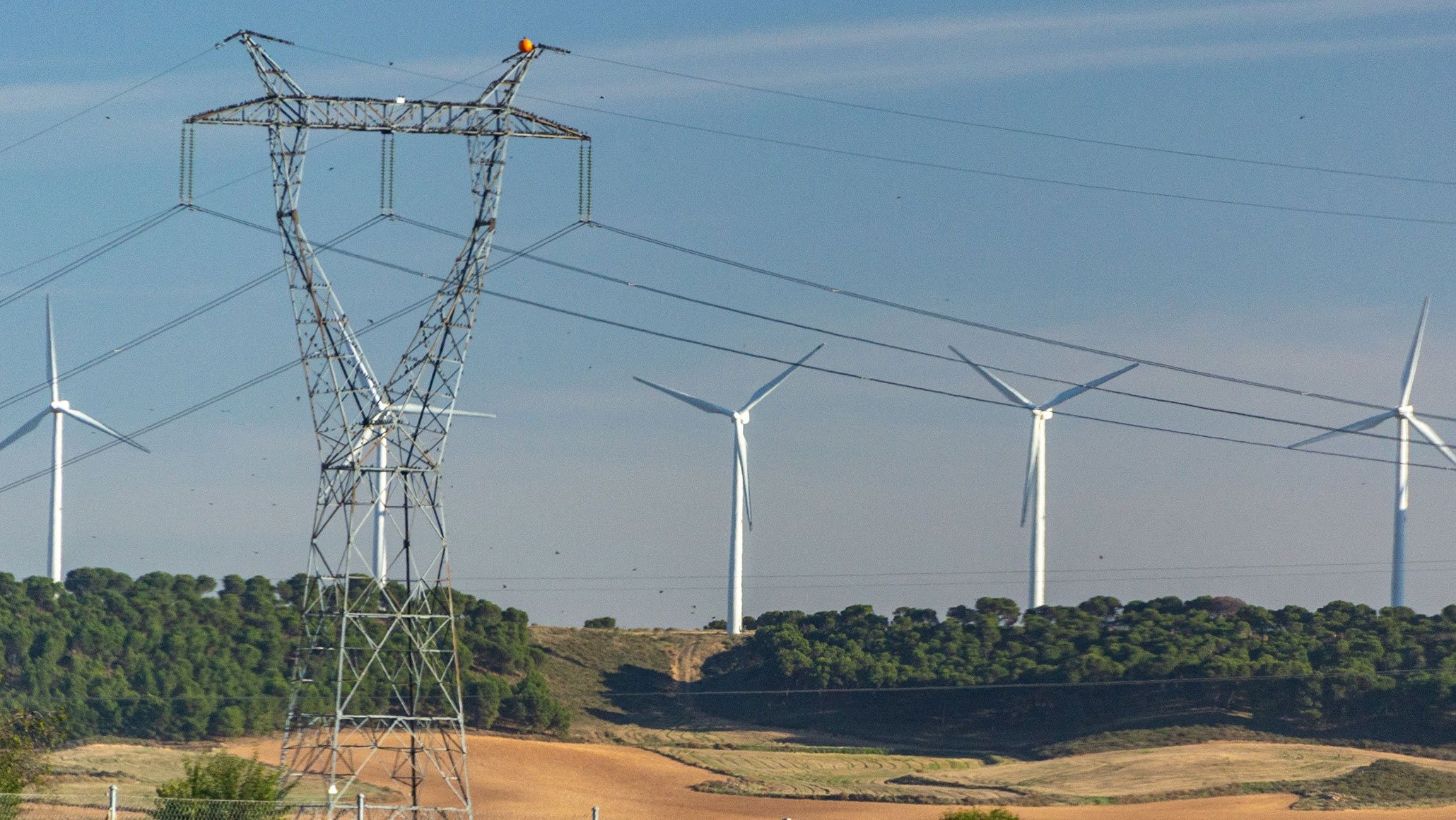 Linhas de transmissão escoam energia produzida por turbinas eólicas (Foto Divulgação Enel)