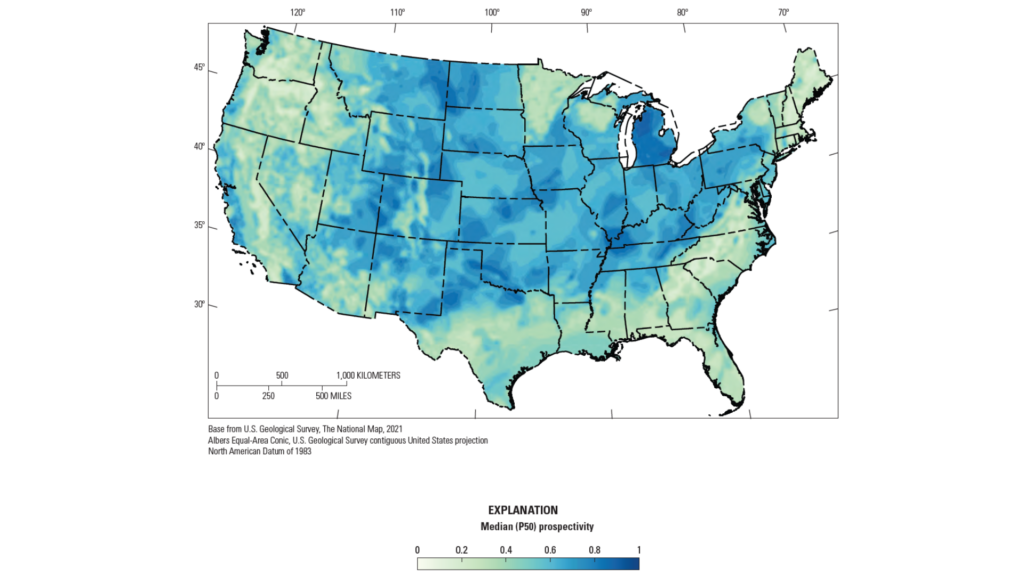 Mapa mostra o nível de prospectividade (de acordo com a intensidade do azul) do hidrogênio geológico nos Estados Unidos (Fonte USGS)