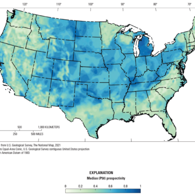 Mapa mostra o nível de prospectividade (de acordo com a intensidade do azul) do hidrogênio geológico nos Estados Unidos (Fonte USGS)