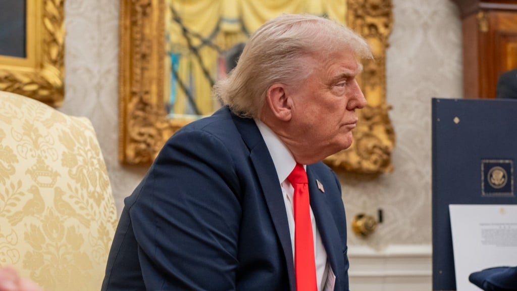 Presidente dos Estados Unidos, Donald Trump, durante reunião bilateral com chanceler alemão, Friedrich Merz, no Salão Oval (Foto Emily J. Higgins/Casa Branca)