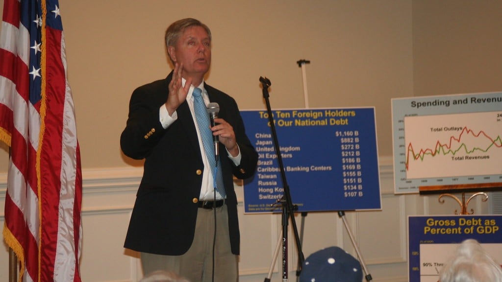 Senador Lindsey Graham fala sobre gastos excessivos em Washington e instabilidade no Oriente Médio, no evento do Sumter Tea Party, em 21 de março de 2011 (Foto Flicker Lindsey Graham)