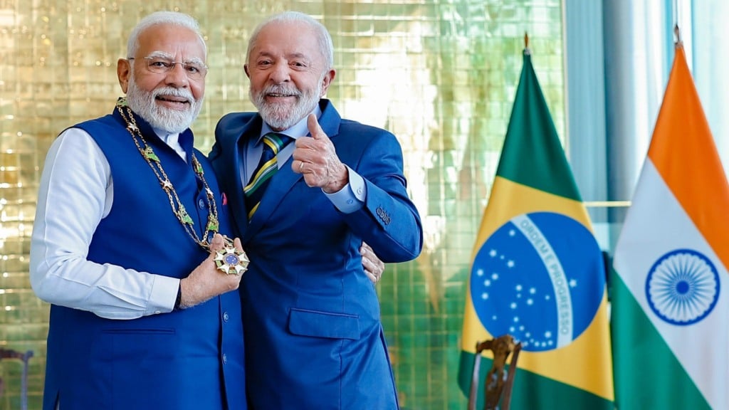 Lula durante condecoração do primeiro-ministro da Índia, Narendra Modi, com o Grande Colar da Ordem Nacional do Cruzeiro do Sul, no grau de Grã-Cruz, no Palácio da Alvorara (DF), em 8 de julho de 2025 (Foto Ricardo Stuckert/PR)