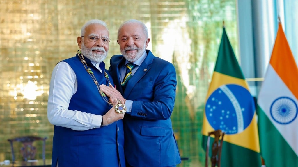 Lula durante condecoração do primeiro-ministro da Índia, Narendra Modi, com o Grande Colar da Ordem Nacional do Cruzeiro do Sul, no grau de Grã-Cruz, no Palácio da Alvorara (DF), em 8 de julho de 2025 (Foto Ricardo Stuckert/PR)