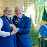 Lula durante condecoração do primeiro-ministro da Índia, Narendra Modi, com o Grande Colar da Ordem Nacional do Cruzeiro do Sul, no grau de Grã-Cruz, no Palácio da Alvorara (DF), em 8 de julho de 2025 (Foto Ricardo Stuckert/PR)