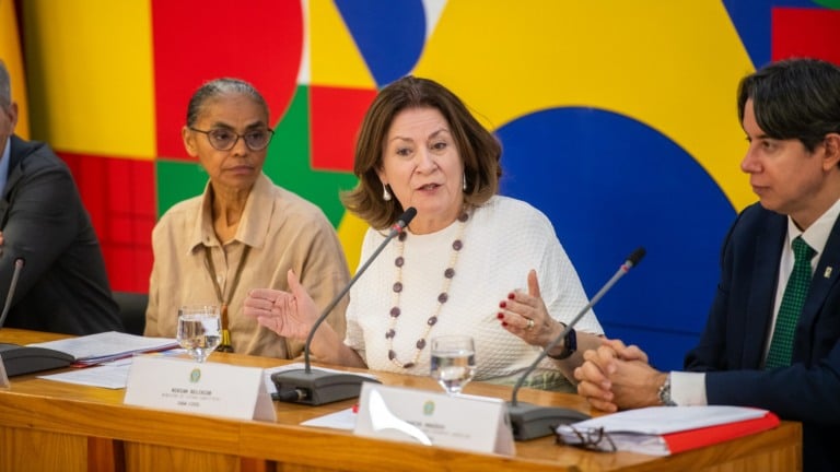 Marina Silva e Miriam Belchior durante coletiva sobre a nova Lei do Licenciamento Ambiental, no Palácio do Planalto, em 8 de agosto de 2025 (Foto Henrique Raynal/Casa Civil)