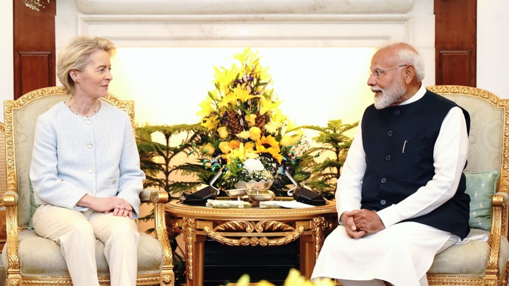 Narendra Modi recebe Ursula von der Leyen, no Hyderabad House, em Nova Délhi, durante visita oficial à Índia, em 28 de fevereiro de 2025 (Foto Ministério das Relações Exteriores da Índia)