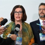 Magda Chambriard, presidente da Petrobras, e Clécio Luís, governador do Amapá, durante coletiva na abertura da OTC Brasil 2025, no Rio, em 28 de outubro de 2025 (Foto Juliana Rezende/agência eixos)